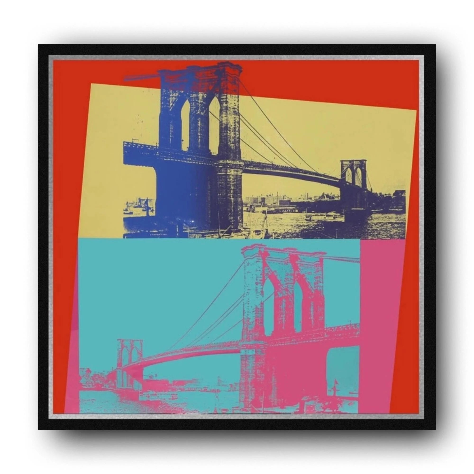 Framed artwork of a Brooklyn bridge in blue, yellow, and pink on a red and turquoise background.